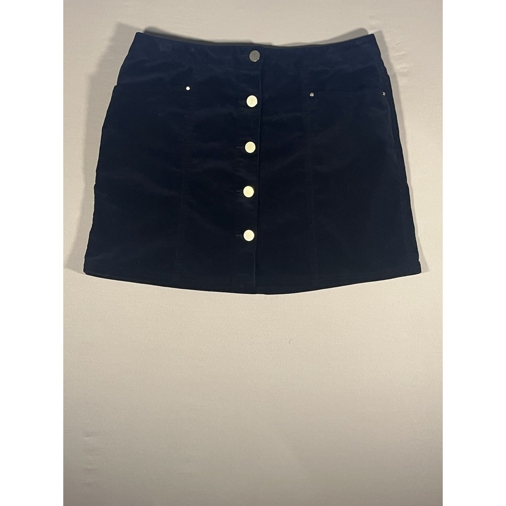 Womens Navy Blue Corduroy Button Front Mini Skirt Size 10 Pockets Alchemist Goth